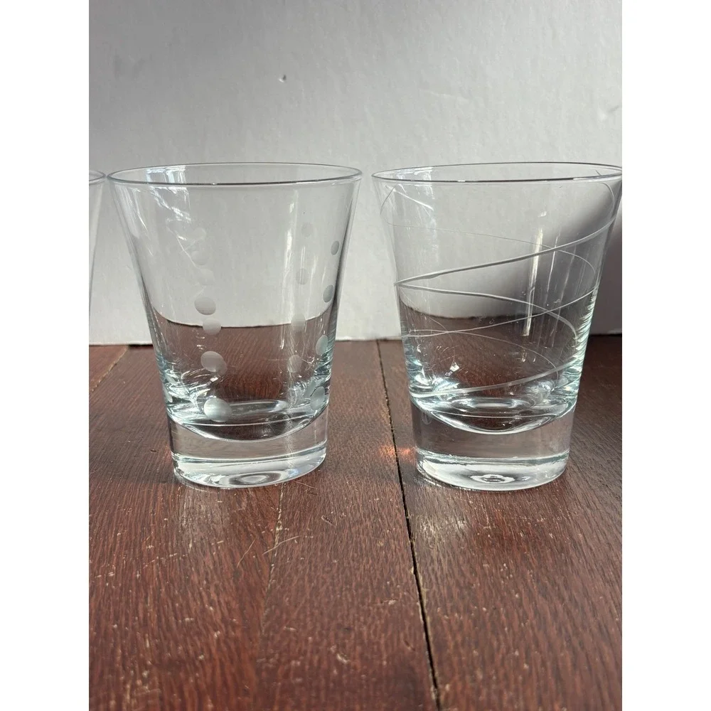 Set of 4 Etched Glass Juice Tumblers Mismatched‎ Dots Stripes Swirl Clear 4 inch